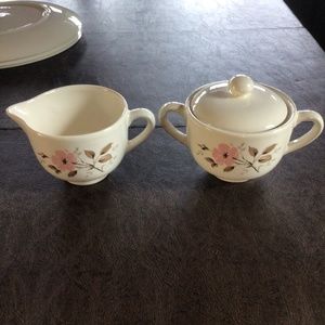 Vintage Mid-century Modern Sugar and Creamer Set, pink and brown floral design